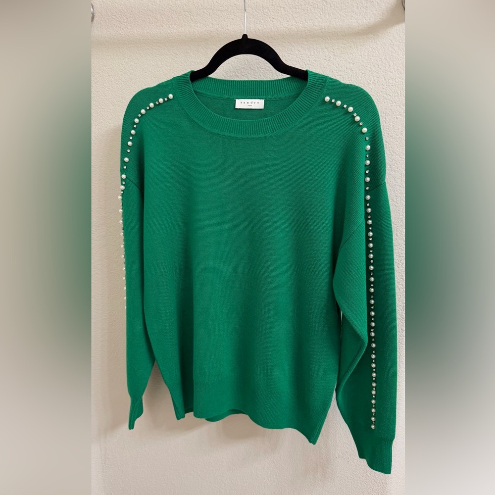 [NWT] SANDRO emerald-green pearl sleeve sweater [size 2 / 38]